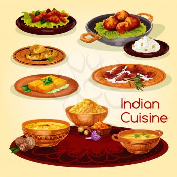 Indian cuisine dinner dishes cartoon menu. Chicken and fish curry with rice, flat bread, shrimp saffron soup, pork pilau, fried cheese in spicy batter, corn lentil soup and nut cookie