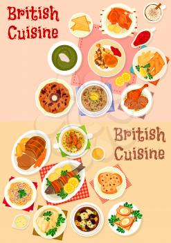 British cuisine lunch icon set of baked meat and fish with bacon, fruit and mint sauce, scotch egg in sausage meat, fish and chip, potato salad, soup with kidney, prune and sorrel, fruit pudding