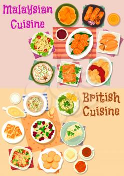 Malaysian and british cuisine icon set. Vegetable salad with meat and bean, seafood risotto, meat and shrimp spring roll, fish soup, curry pie, cucumber, cheese toast, chilli veggies, fruit dessert