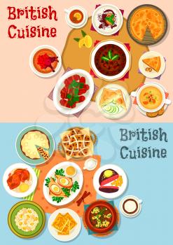 British cuisine popular dishes icon set. Sausage baked in bacon, vegetable meat stew, beef steak, egg, beer cheese soup, fish rice salad, fruit cake, meat pie, rice pudding, cucumber sandwich
