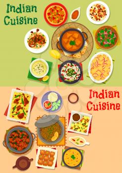 Indian cuisine dinner dishes menu icon set. Meat curry, vegetable chicken rice, pilau, shrimp masala, meat soup with chilli, lamb, potato and spinach stew, tomato lentil salad, cheese, almond chicken