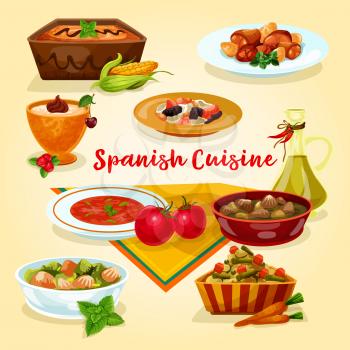 Spanish cuisine tasty dinner dishes cartoon icon. Meat vegetable stew with bean and liver, potato salad, tomato soup gazpacho, chicken with garlic sauce, rice pudding, corn cream dessert with fruit