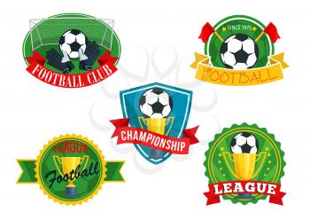 Football club icons set or badges for soccer sport game championship. Vector isolated symbols of football ball, flags and ribbons with golden winner cup or champion award goblet and goalkeeper gloves