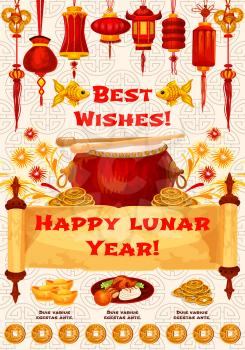 Chinese New Year holiday tradition symbols greeting card. Oriental Spring Festival lantern and lucky coin, festive food, drum and firework, gold ingot and old scroll with wishes of Happy Lunar Year