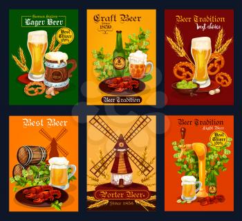 Beer alcohol drink poster for bar or pub, restaurant and brewery. Beer bottle, glass of lager beverage and cup of ale banner with Oktoberfest pretzel, nut and seafood snacks, barrel, hop and barley