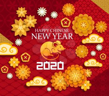 Happy Chinese New Year, 2020 rat mouse lunar zodiac sign and papercut ornaments on red background. CNY Chinese New Year clouds and chrysanthemum flowers pattern