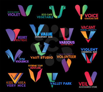 Letter V abstract icons for business. Violet and vegetable, voice and velvet, value and various, vacant and violence, vast and volunteer, venture and valley park with veil symbols vector isolated
