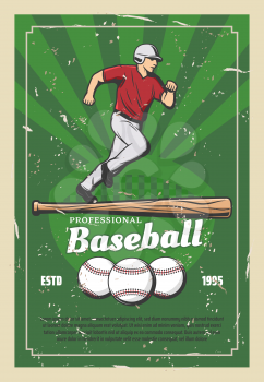 Baseball sport retro poster player running for ball and wooden bat. Team game for professional sportsmen, tournament announcement. Fit man in uniform and cap on grass field vector, champion league