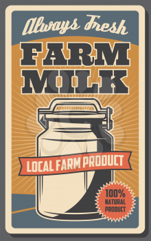 Milk can of dairy farm retro poster. Milk from grass fed cows, natural healthy food product, organic farming and agriculture vector theme