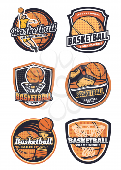 Basketball league, championship or tournament, sport team badges. Vector icons of basketball ball in basket net goal, player and sneakers, victory cup game contest