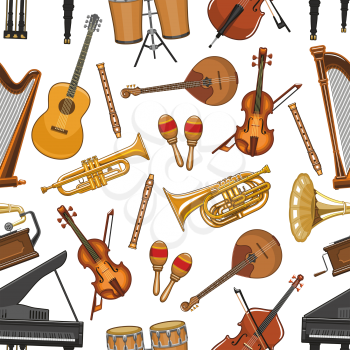 Musical instruments seamless pattern. Vector music notes for piano, guitar or harp and jazz saxophone, orchestra violin fiddle or contrabass and maracas, drums for folk concert or live music festival