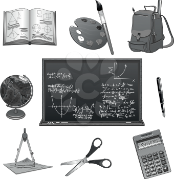 Education and study supplies icons for Back to School. Vector isolated symbols of mathematics or geometry formula on chalkboard, school backpack and calculator, scissors, paint brush and lesson book