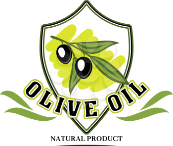Olive oil isolated symbol. Black olive branch on shield with green leaf for olive oil bottle label, italian cuisine food emblem or natural product themes design