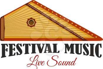 Music festival icon with folk musical instrument. Live music concert isolated symbol of ethnic stringed instrument, german zither or russian gusli for music entertainment and arts themes design
