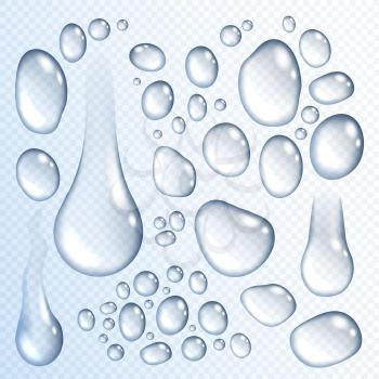 Water drops set on transparent background. Realistic isolated vector 3D dew droplets or raindrops flowing or dripping on surface, water condensation splash drops or drips with light reflection effect