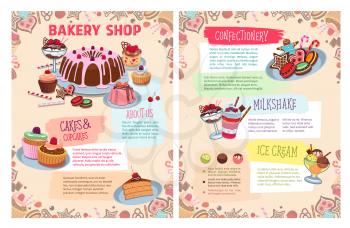 Bakery shop posters set of sweet desserts and biscuit cakes. Vector design template for milkshake, tiramisu or cheesecake torte and donut, pastry chocolate cupcake or gingerbread cookie for patisserie