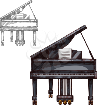 Piano music string keyboard instrument sketch icon. Vector isolated vintage or black wooden retro classic grand fortepiano for classic music concert design or orchestra festival design
