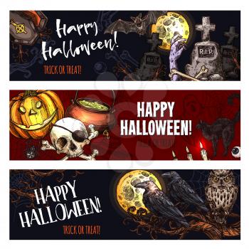 Halloween holiday horror sketch banners for trick or treat death night party. Vector Halloween October pumpkin lantern, skeleton skull or witch cat and zombie monster or tomb on graveyard