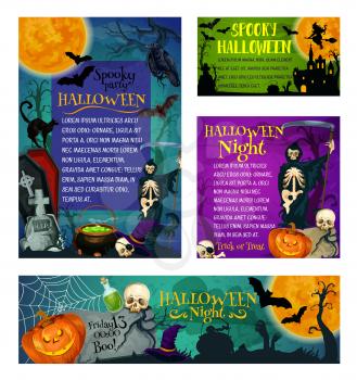 Halloween party or trick or treat holiday greeting and invitation posters. Vector skeleton skull zombie eye and hand or spooky ghost on cemetery, Halloween pumpkin lantern and witch hat or black cat
