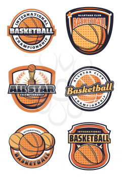 Basketball club or championship signs and icons with balls and trophy with basket, laurel wreath and icons of round and shield shape. Sport team game symbols for tournament or competition vector