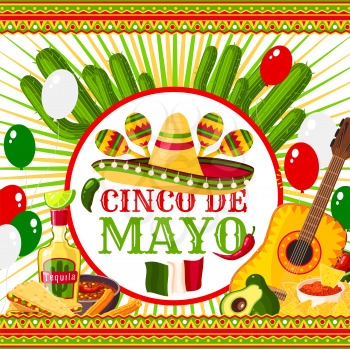 Cinco de Mayo festive vector Mexican holiday poster with hat, chili, maracas and guitar. Cinco de mayo poster design. Mexican Cinco de Mayo greeting card with avocado, tequila, lime and balloons