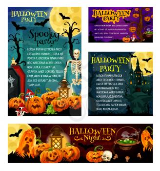 Halloween holiday night party invitation banner and greeting card template. Halloween pumpkin lantern, ghost house and cemetery, skeleton skull and moon, gravestone, coffin and potion cauldron