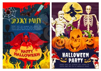 Halloween spooky monster for horror night party invitation banner. Fear skeleton, pumpkin lantern and zombie, witch, bat and spider net, mummy, demon devil and moon for greeting card design