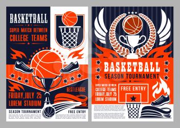 Basketball sport season tournament poster with heavy ball and trophy. Championship or competition announcement, team game invitation with sporting items, basket and prize, sneaker and flame vector