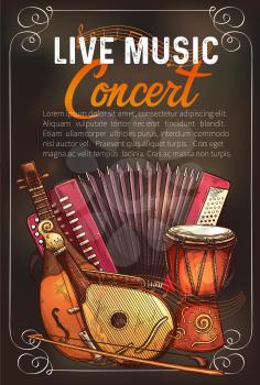 Live music concert sketch poster with musical instruments. Vector design of musical button accordion, folk bandura and rebec viola, African jembe drum and music notes staff for concert performance