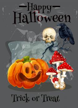 Happy Halloween greeting card design for trick or treat October holiday. Vector scary pumpkin lantern, skull on tombstone and graveyard, monster and black crow for Halloween party invitation poster