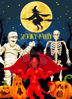 Halloween horror night party banner for october holiday celebration. Spooky skeleton, flying witch and mummy, devil demon, pumpkin lantern, moon and creepy cemetery gravestone festive poster design