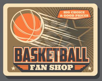 Basketball sport balls shop vintage poster. Vector basketball fan club or league team game equipment store, stars and victory wings