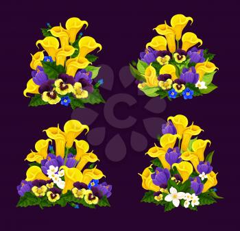 Spring flower icon of floral bouquet with blooming garden plant. Crocus, calla lily and jasmine, pansy, green leaf and floral bud for wedding invitation, Mother Day and birthday greeting card design