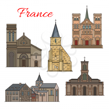 French travel landmark thin line icon with architecture of Havre city. St Michel Chapel, Church of St Vincent and St Francois Church, gothic Abbey of Graville and St Ann Church