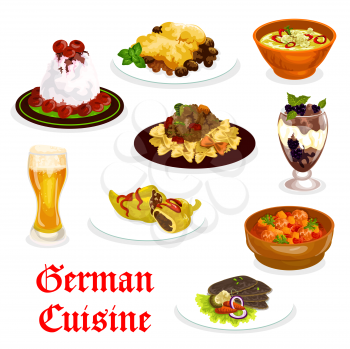 German cuisine traditional food icon. Pork meat and spinach casserole, duck breast with vegetable and stuffed pepper with meat, cream sauce meat pasta, chocolate pudding and cherry cream dessert