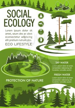 Ecology and environment protection banner for nature resources and ecosystem conservation template. Eco green tree and plant nature landscape poster for recycle, green energy and water saving design