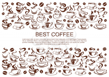Coffeehouse poster of coffee cups for cafe or cafeteria and coffeeshop design template. Vector icons of coffee or tea mugs with steam and coffee beans for americano, espresso or latte and cappuccino