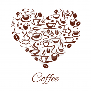 Coffeehouse heart poster of coffee cups and stem for cafe or cafeteria and coffeeshop. Vector design of coffee beans icons or steamy tea mugs of americano, espresso or latte and cappuccino frappe