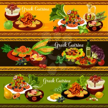 Greek cuisine traditional food banners of mediterranean dish. Vegetable and feta cheese salad, grilled seafood and squid in wine sauce, cream fish soup, rice pudding, mushroom and bean salad