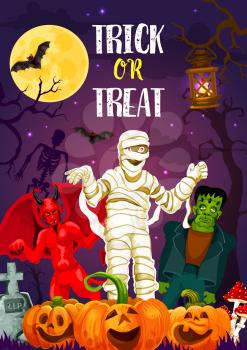 Halloween trick or treat banner for autumn holiday celebration. Spooky cemetery monster poster with scary pumpkin, bat and moon, zombie, skeleton and mummy for horror night party invitation design