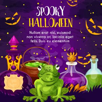 Halloween horror holiday greeting card with potion bottle and magic frog. October trick or treat night celebration poster with witch cauldron, elixir and spooky smile of Halloween pumpkin lantern