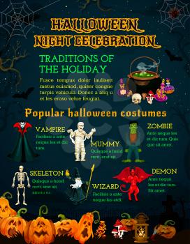 Halloween night celebration tradition poster with horror monster and pumpkin. October holiday lantern, zombie, skeleton and vampire, mummy, demon and evil wizard banner, adorned by bat and spider net