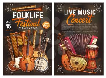 Folk music festival live concert invitation poster with ethnic musical instrument. Viola, drum and sitar, balalaika, banjo and flute, shamisen, zither and accordion, bandura and rebec. Sketch banner