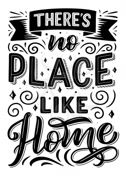 There is no place like home quote, font design and ribbon, swirls and curls with stars. Quotation phrase monochrome vector. Expression or sentence in capital letters with decor
