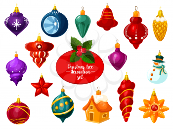 Christmas ornament and New Year bauble icon set. Xmas tree festive decoration in shape of snowman, star and house, snowflake, pinecone and ball for winter holiday design