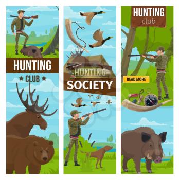 Hunting club or society banners of hunter in camouflage outfit with rifle gun and dog for wild animals in forest. Vector design of bear, aper hog or boar and ducks with carbine bullets and compass