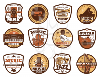 Music vector icons of musical instruments and recording studio equipments. Guitar, microphone and piano, violin, trumpet and vinyl records, drum, flute and synthesizer with musical notes, treble clef