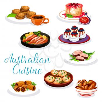 Australian meat dishes with desserts. Vector beef steak, lamb in puff pastry and bbq chicken wings, perch fish with vegetable sauce and potato, meringue cake pavlova, oatmeal cookie and rice pudding