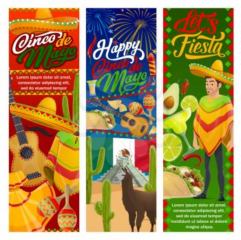 Cinco de Mayo fiesta party mariachi with sombrero and guitar vector design of Mexican holiday. Tequila margarita, cactus and chilli, tacos, nachos and avocado guacamole, flag of Mexico and fireworks