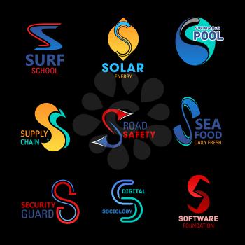 S letter business corporate identity icons and company brand symbols. Vector S of surf sport school, solar energy technology or swimming pool and road safety construction industry or seafood store